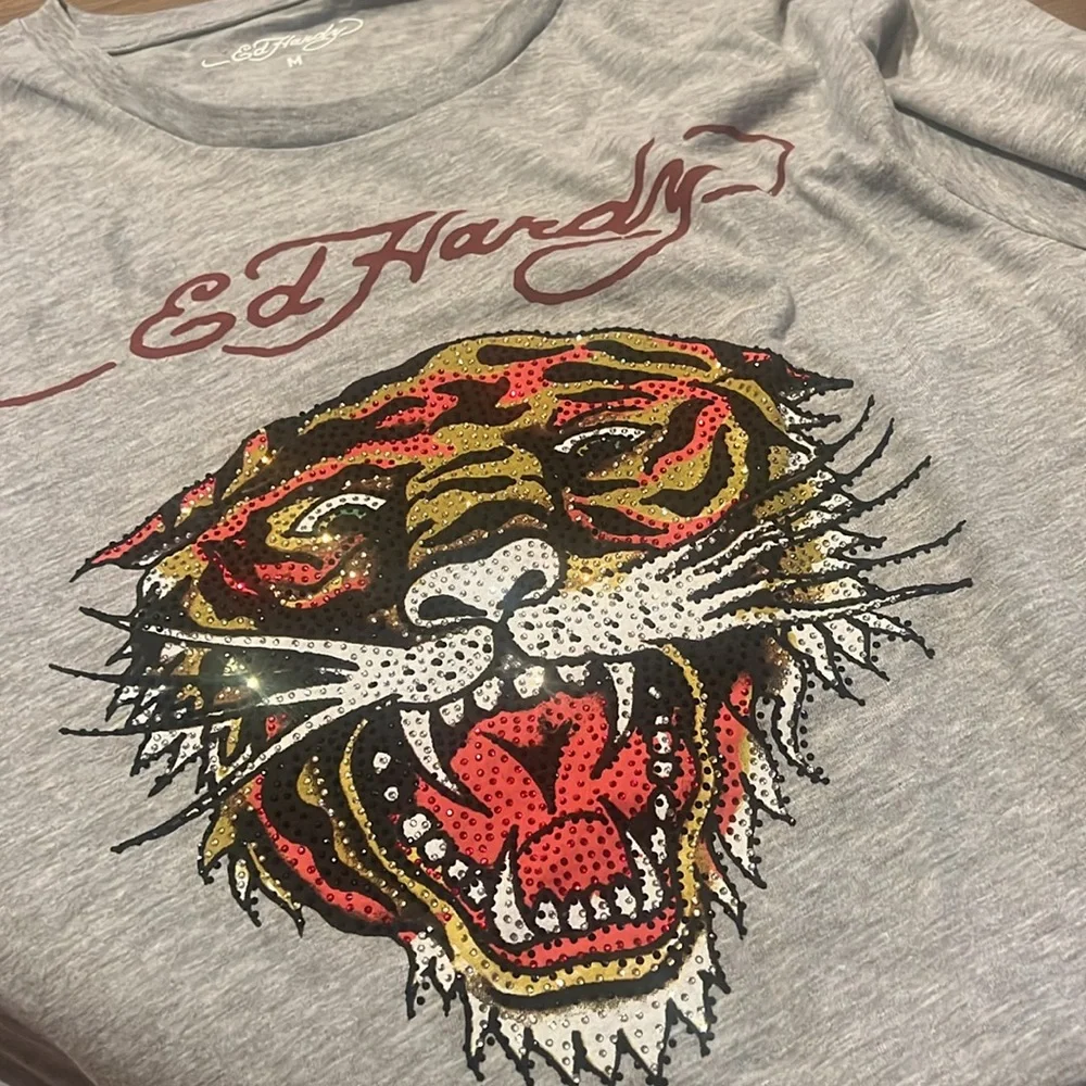 NEW🐯Ed Hardy RetroRHINESTONE TIGER TEE By Christian Audigier grey Unisex - Picture 7 of 7
